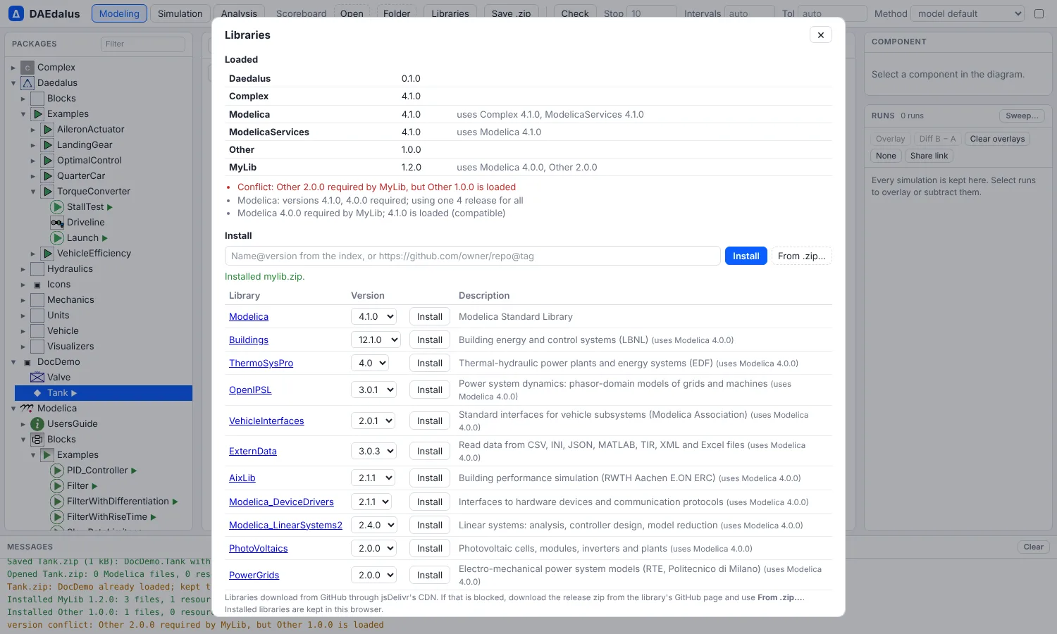 The Libraries dialog: loaded libraries with their versions, a uses conflict, and the index of installable libraries