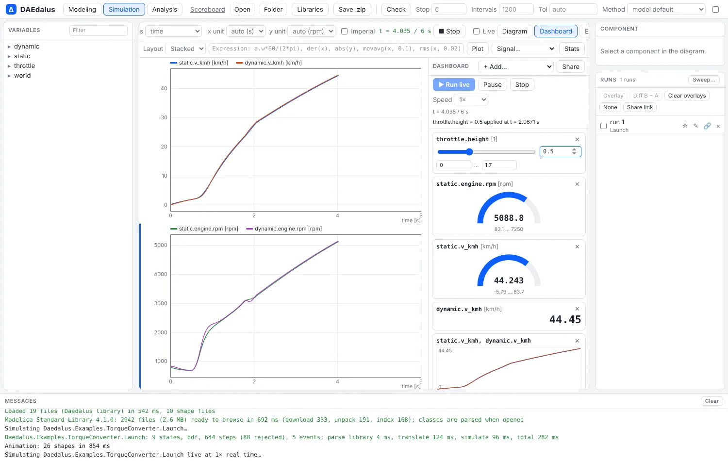 A dashboard on TorqueConverter.Launch during a live run: a throttle slider moved mid-run, gauges, a number and a mini plot