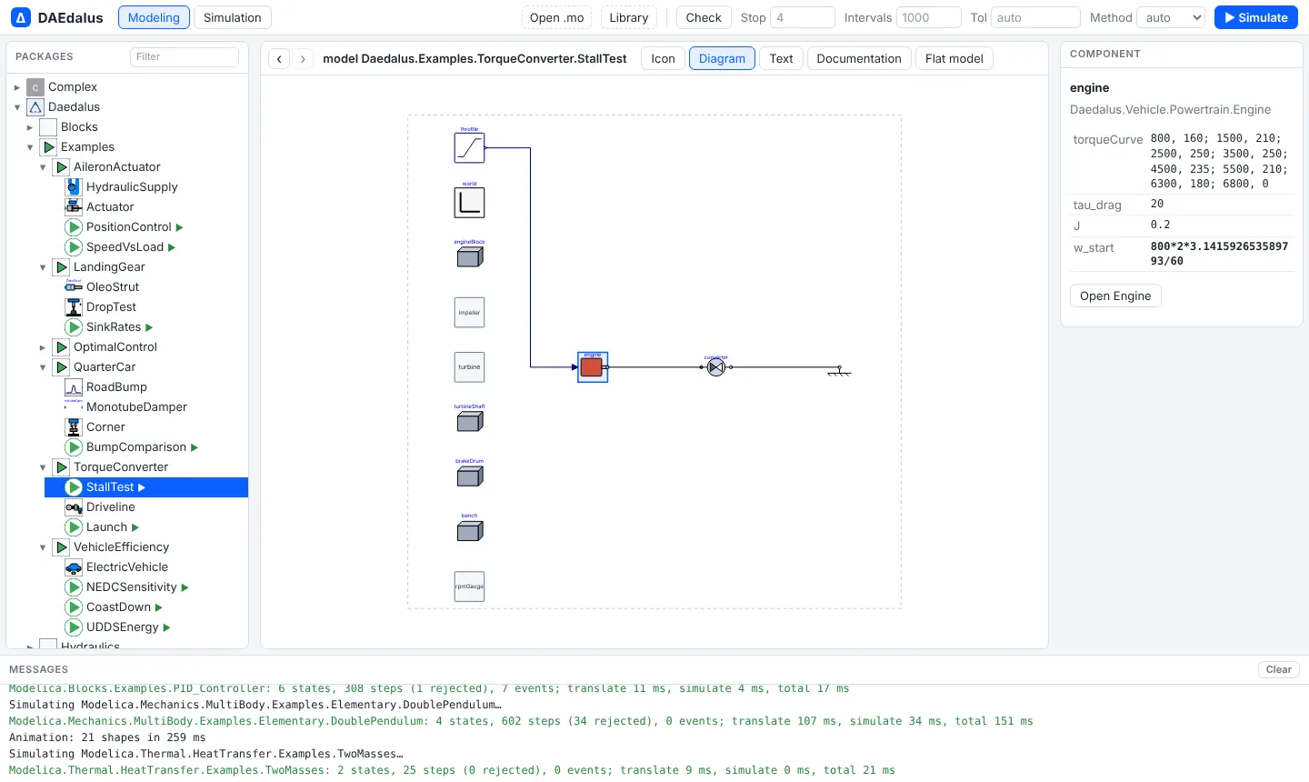 StallTest in the diagram view, with the engine selected and its parameters on the right
